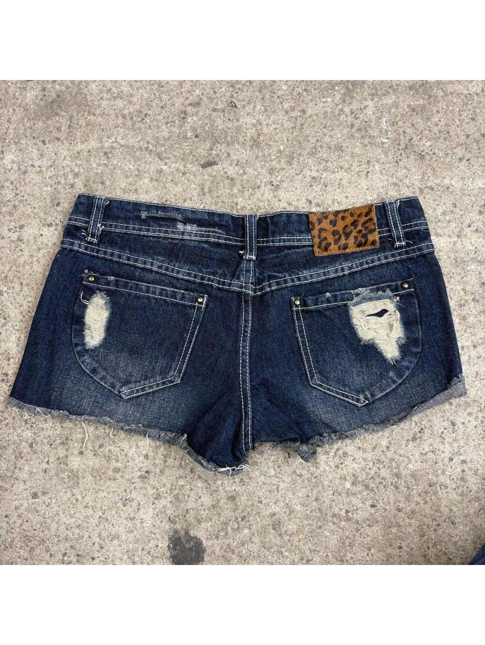 Vintage Y2K Low Rise Denim Micro Shorts Faded Dark Wash - Picture 2 of 5